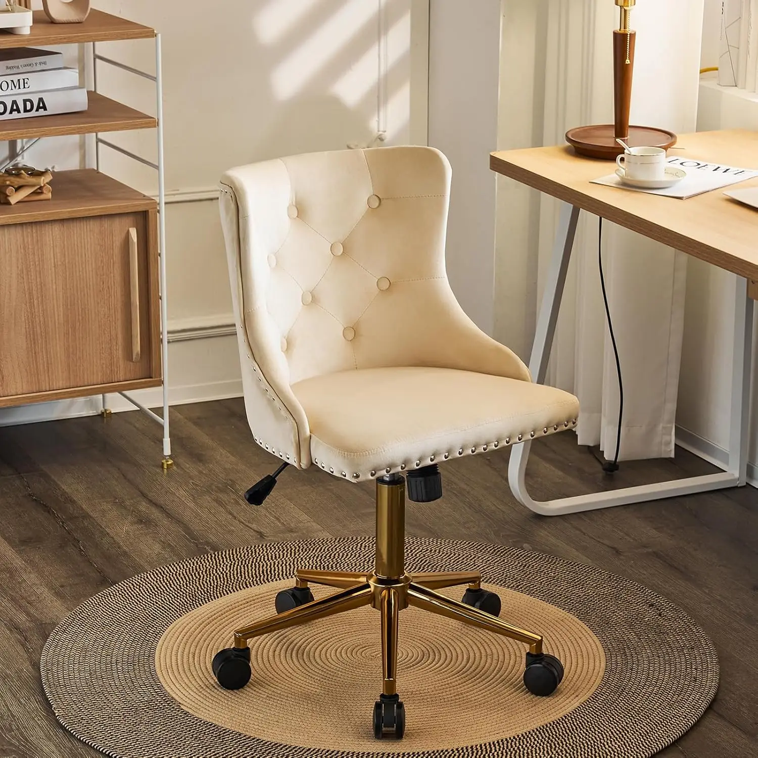 

Beige Velvet Armless Home Office Desk with Gold Base Wheels for Bedroom, Upholstered Adjustable Rolling Swivel Nail Chair