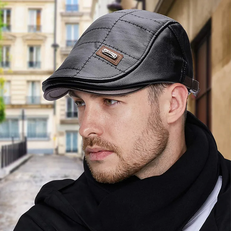 Vintage Men Beret Hat Leather Newsboy Hat Flat Cap Warm Autumn Winter Male Adjustable High Quality Gatsby Mens Retro Beret Caps