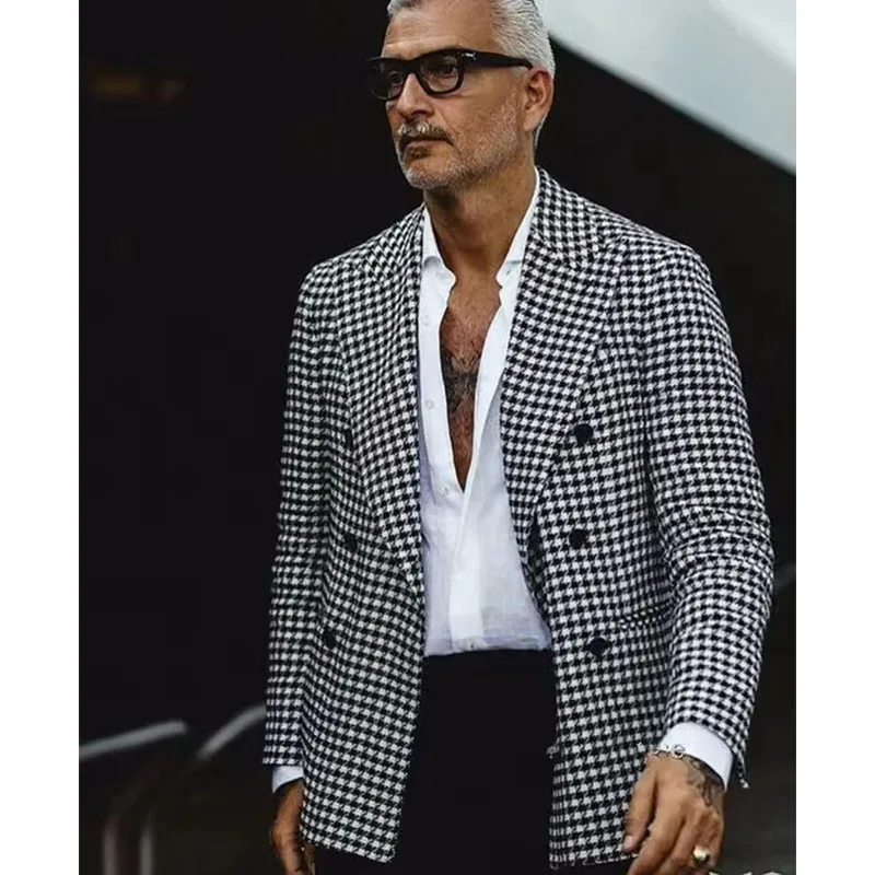 

Plaid Wedding Blazer Men Gentleman Suit Houndstooth Jacket Casual Slim Fit Double Breasted Coat Formal Business Male Only Blazer