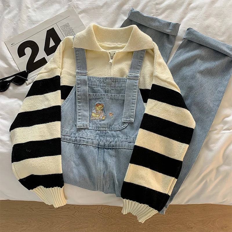 

Cute Cartoon Embroidery Pattern Blue Denim Jumpsuit for Women Casual Wide Leg Overalls Female Versatile Pockets Jeans Outfit