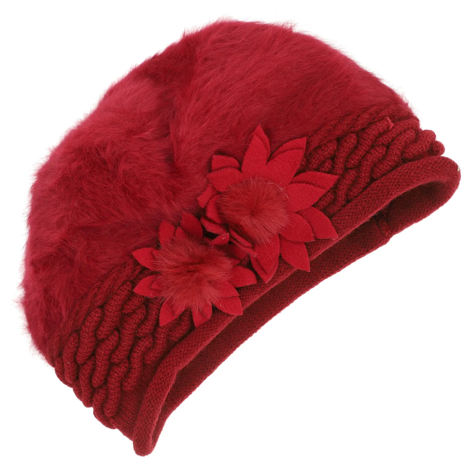 

Red Female Knitted Wool Hat Crochet Winter Beanie Warm Outdoor Cap Elastic Band Charming Side Flower Design Knitted Hat