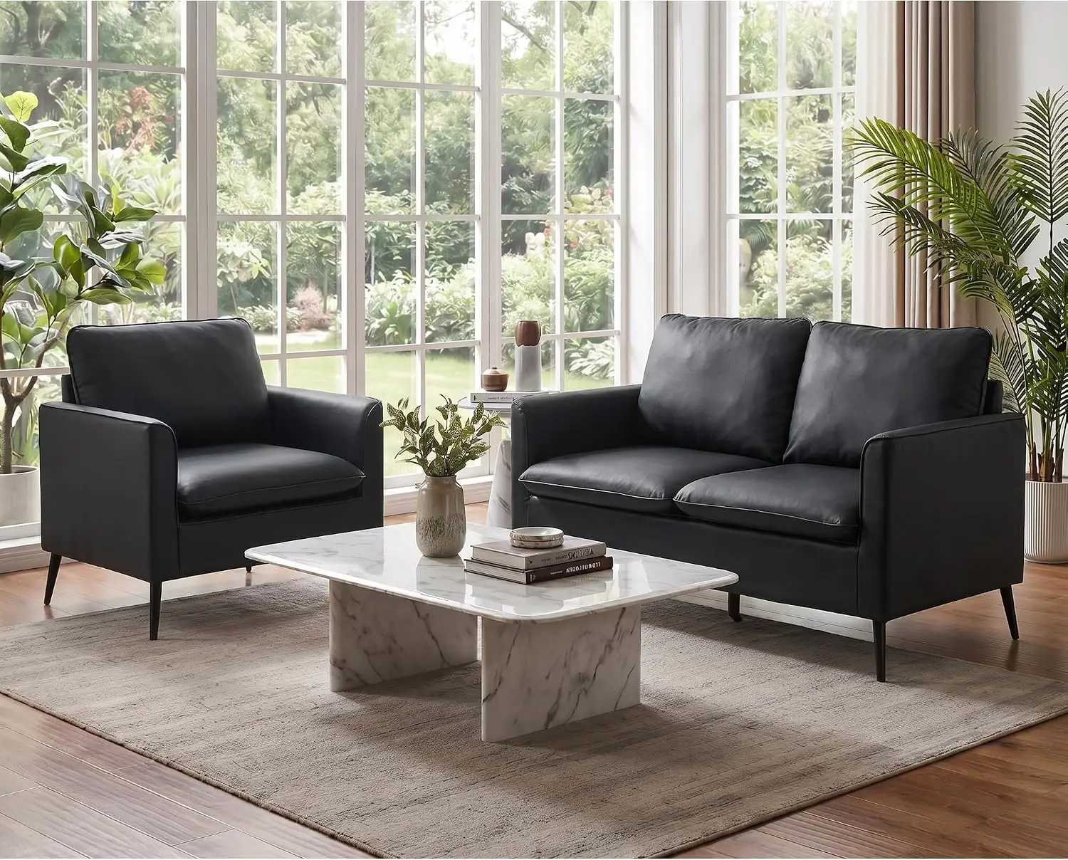 2-Seater Couch, Black Faux Leather, Loveseat and Accent Chair Included