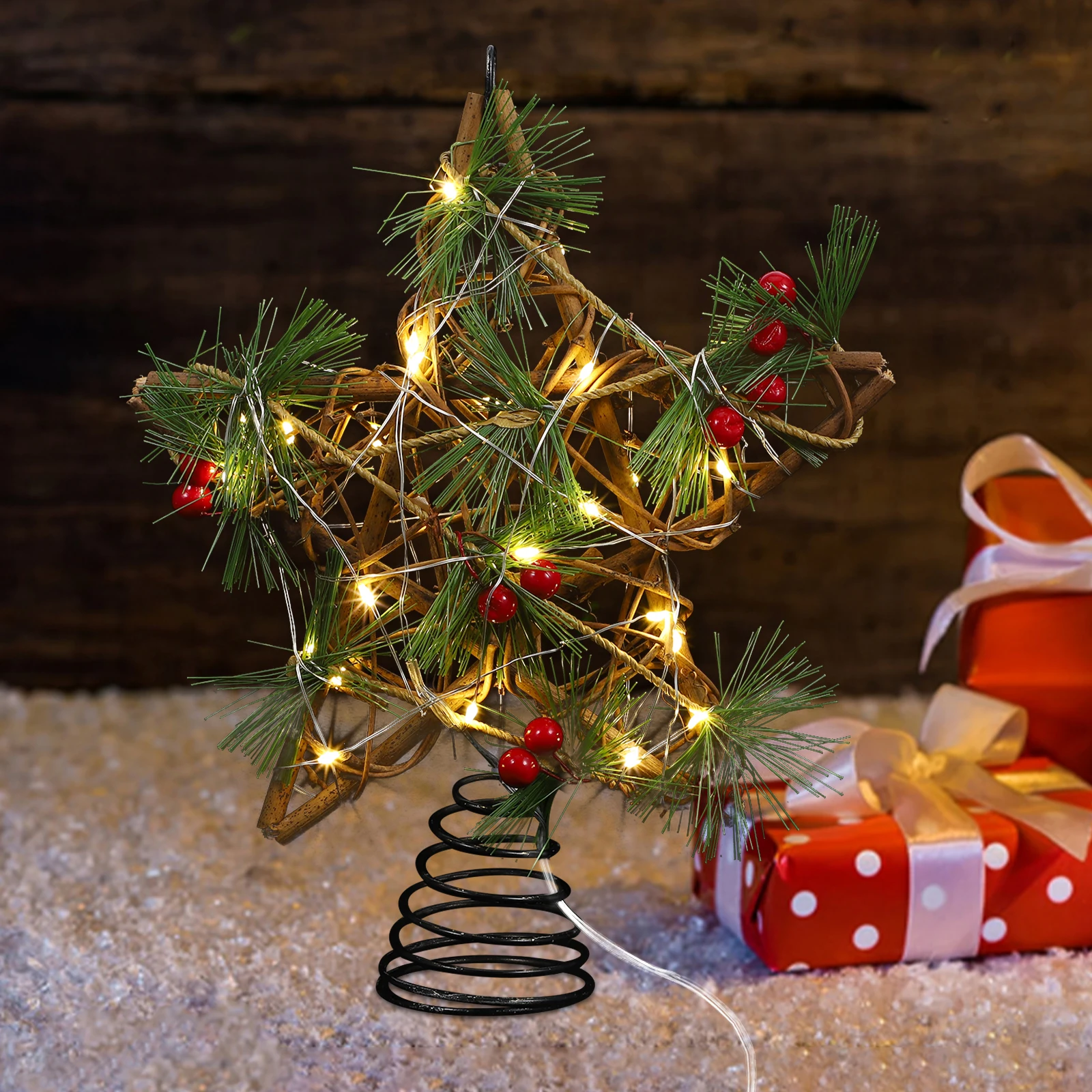 

Wooden Five- Xmas Tree Topper LED Light Decorative Christmas Tree Star Treetop Ornament for Living Room Restaurant