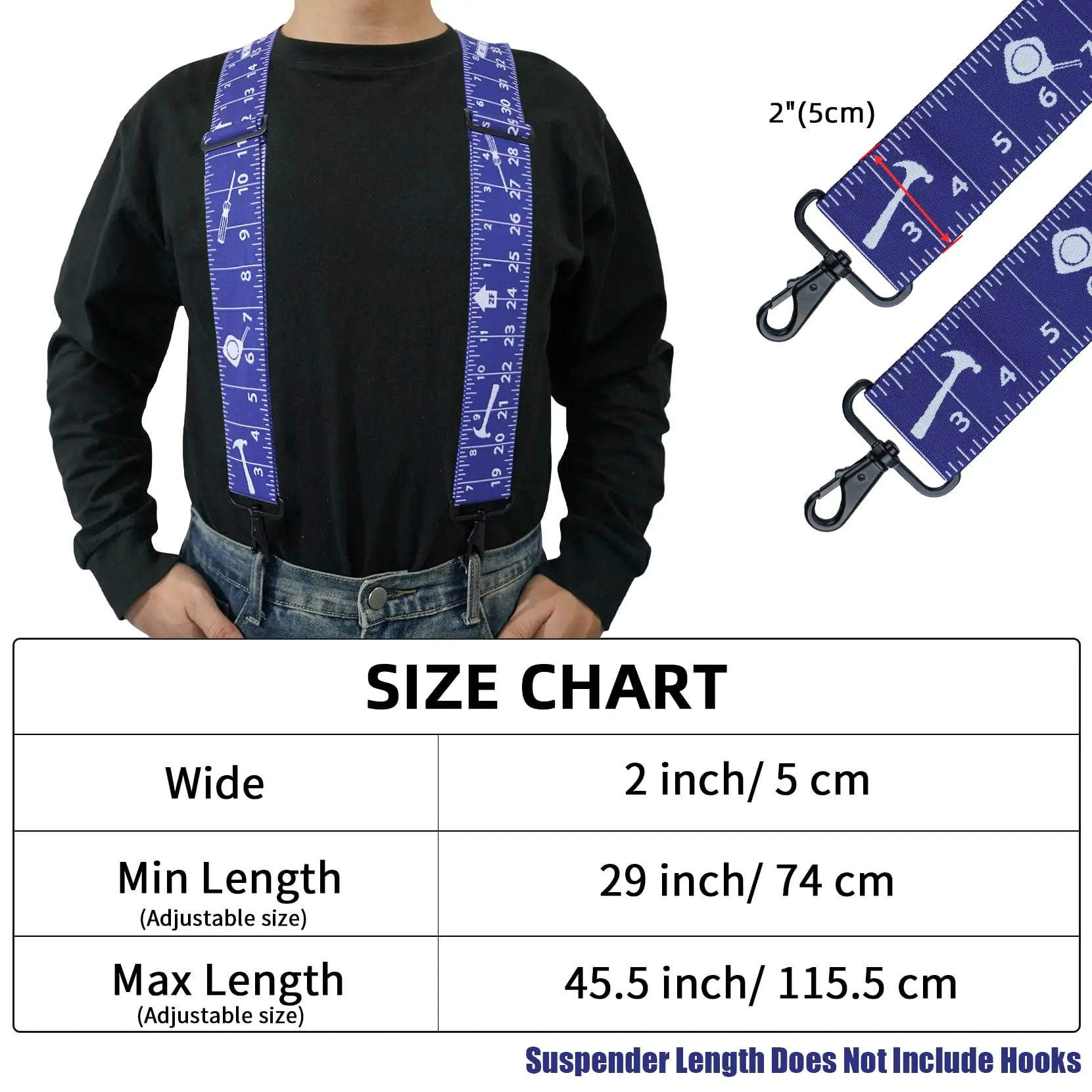 MELOTOUGH Men Suspenders Fully Elastic 2 Inch Wide Suspender for Men Heavy Duty X Back Work Suspender for Jeans （Blue Rule）