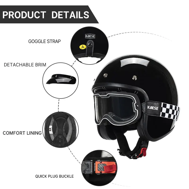 Casque de Moto Vintage Certifié DOT, avec Lunettes de Proxy, Document Magnétique, 73Inboulon Open Face