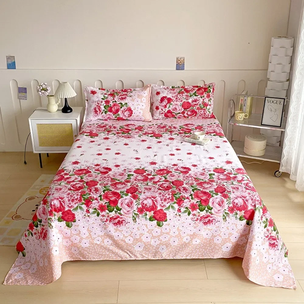 Red Rose Blossoms Printed Flat Bed Sheets for Single /Double Bed Reactive Printed Top Sheets for Beds Sábanas Con Patrón Vegetal