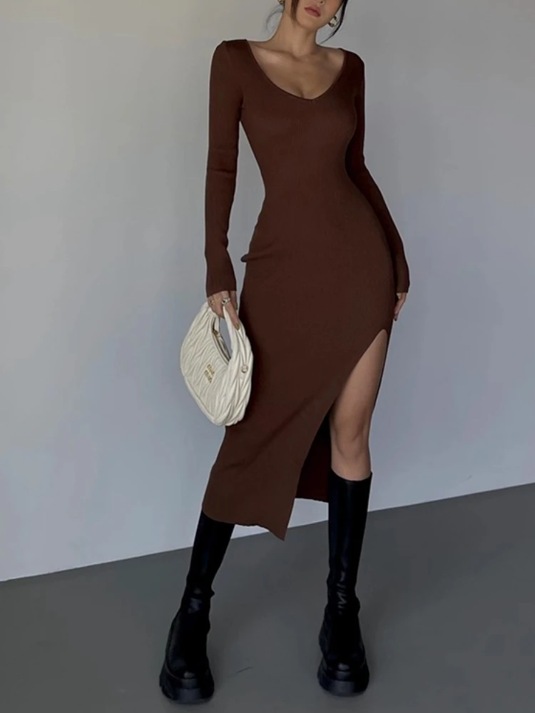Mode Vintage Große V-ausschnitt Langarm Gestrickte Kleid Hohe Taille Schlank Bodycon Einfarbig Hohe Split Wrap Kleid Weibliche
