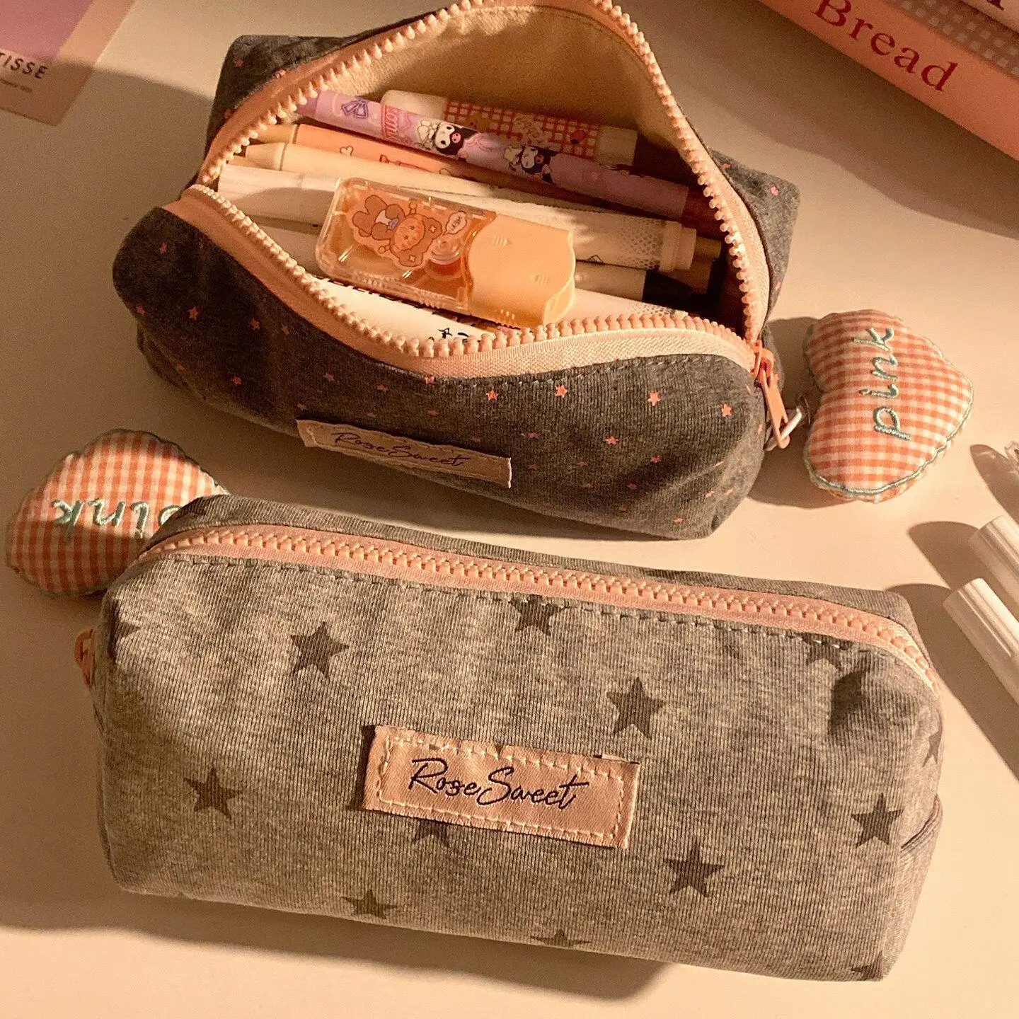 Light Gray Star Pencil Case with Cute Printed Large Capacity Pencil Storage Bag, Student cartoon High Aesthetic Stationery Bag