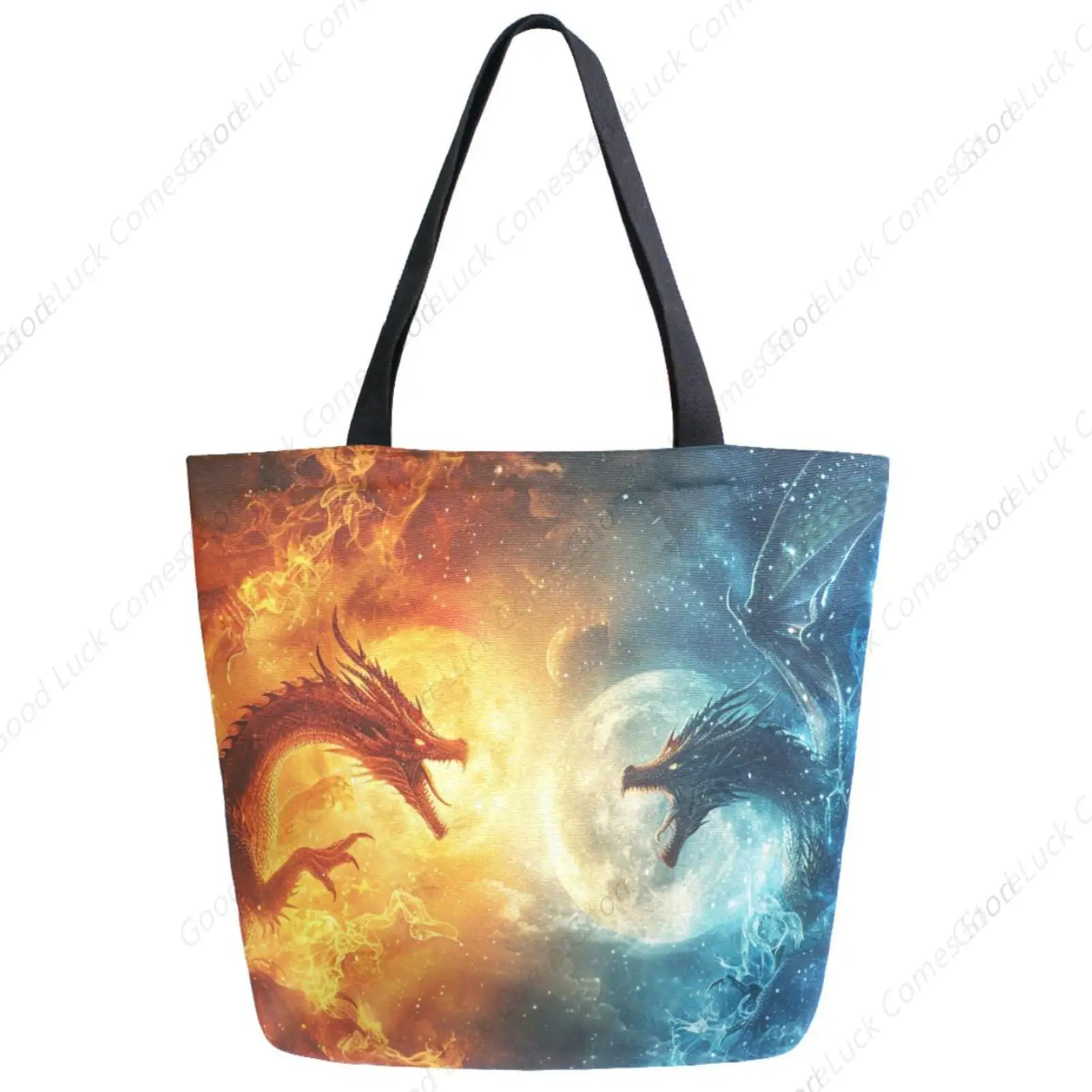 

Шикарная очень большая продуктовая сумка через плечо, волшебный модный боевой дракон в огненном леде, холщовая сумка с ручкой для занятий йогой в тренажерном зале