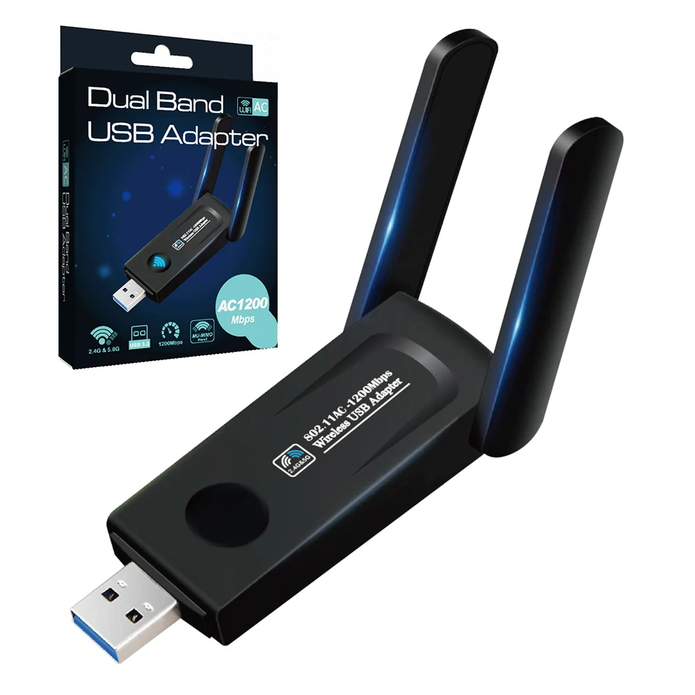 Placa de rede sem fio com antena dupla, adaptador WiFi, LAN Ethernet, Desktop e Laptop, 1200Mbps, USB 3.0, 2.4G, 5Ghz