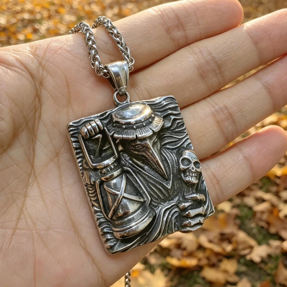 Grim Reaper Plague Doctor Geometric Square Skull Pendant Chain Necklace Stainless Steel for Men Raven Bird Jewelry Dropshipping