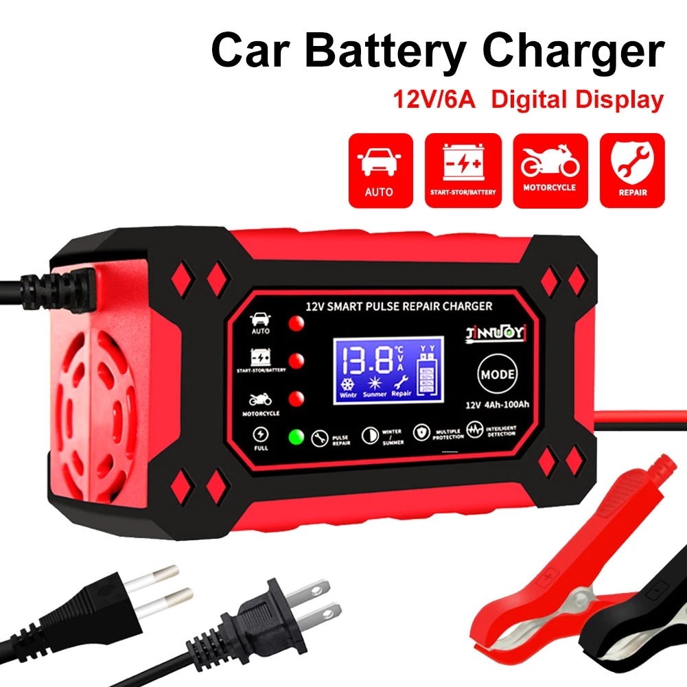 12V 6A Car Battery Charger Full Automatic Pulse Repair Digital LCD Display Battery Charger for 4-100Ah Wet Dry Lead Acid AGM Gel