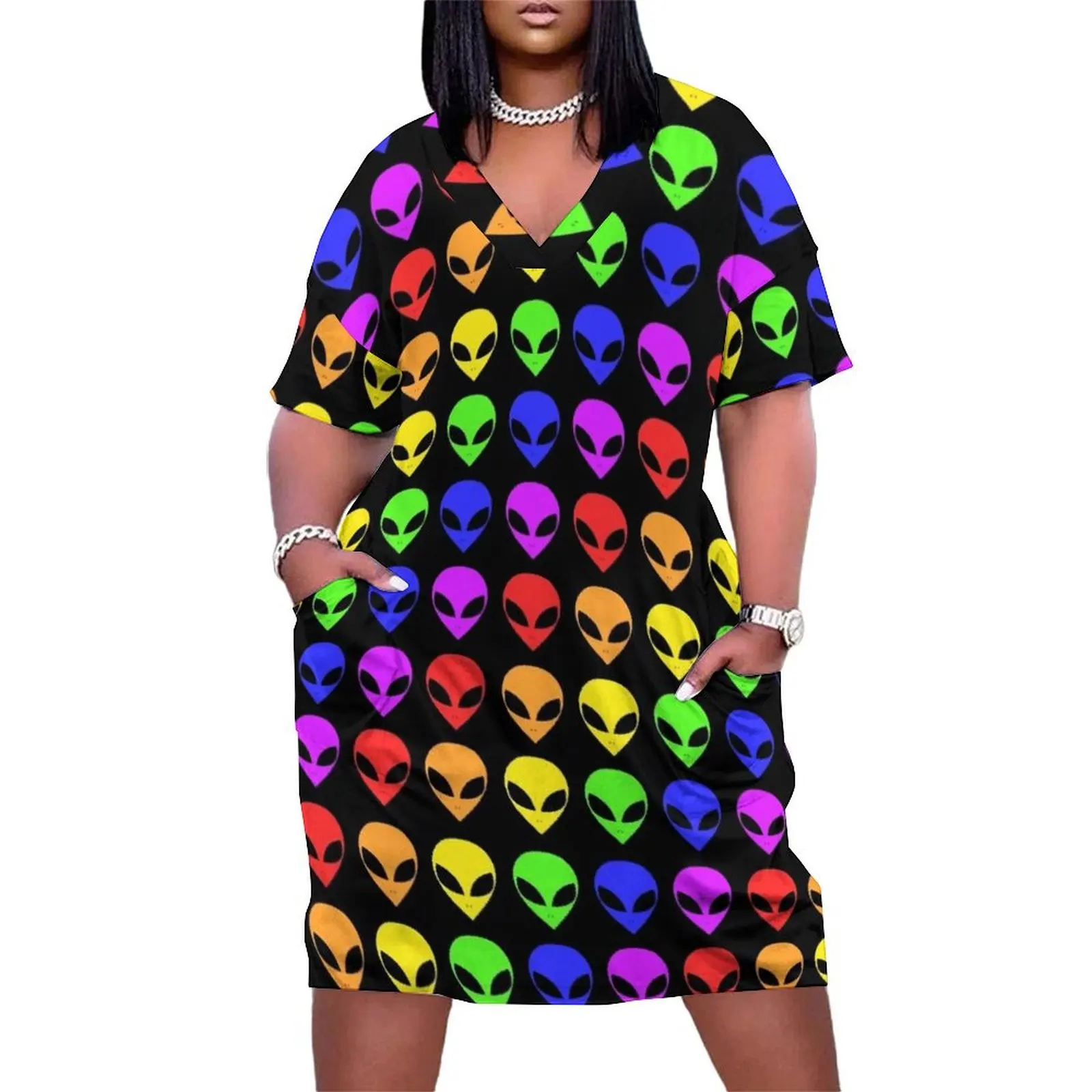 Rainbow Aliens Loose Pocket Dress Female clothing summer dress