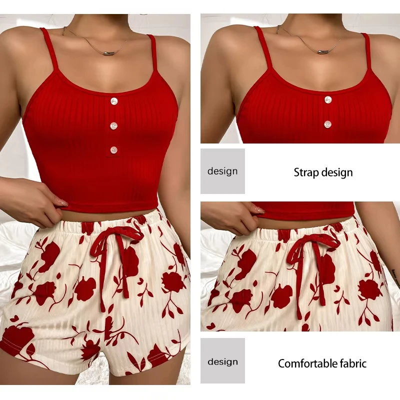 Women\'s Summer Short Sleeveless Groove Knitted Camisole Top and Printed Shorts Women\'s Two-Piece Pajama Set