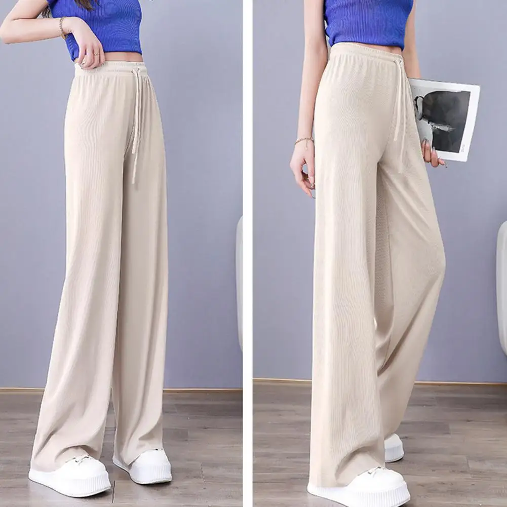 Solid Color Wide-leg Trousers Elegant Draped Wide Leg Pants Adjustable Elastic Waist Ice Silk Comfort Streetwear for Women Touch