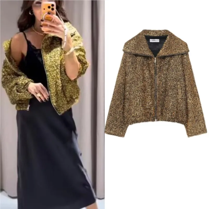 

Новая женская куртка-бомбер с металлической нитью, осенняя куртка-бомбер с длинными рукавами и лацканами, эластичный подол, пальто, женская повседневная шикарная уличная одежда