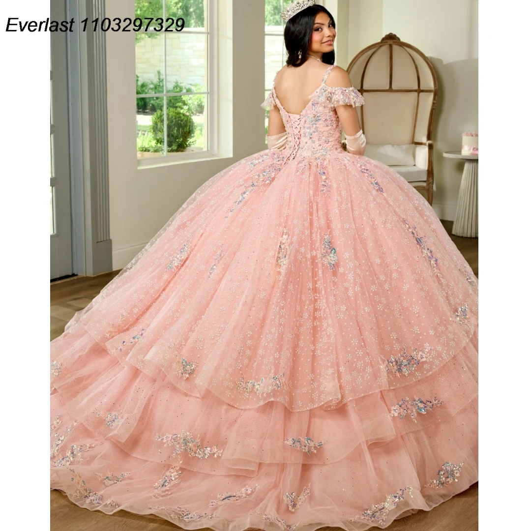 EVLAST abito Quinceanera rosa lucido abito da ballo pizzo Applique cristalli corsetto di perline a strati dolce 16 Vestido De 15 Anos TQD459