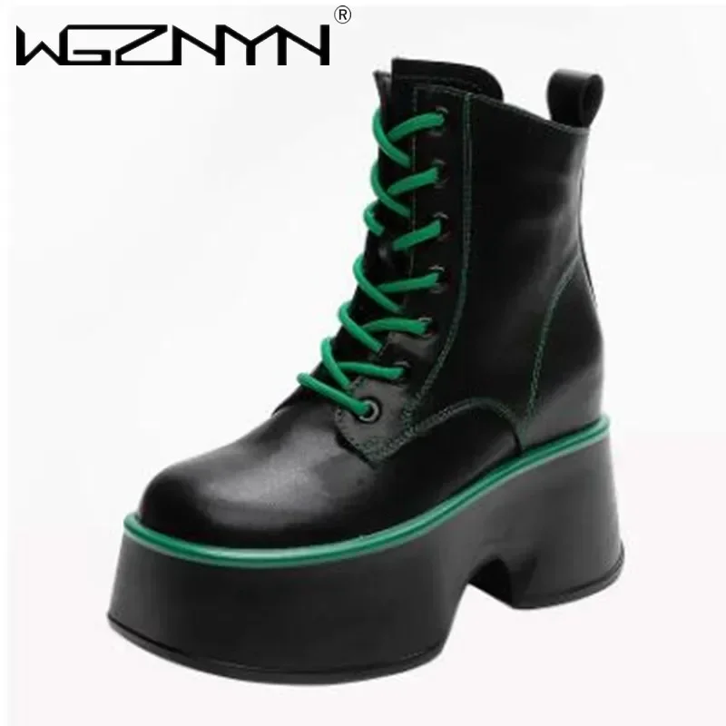 11cm rotador couro genuíno feminino meados de bezerro botas da motocicleta plataforma wedeg rendas até deslizamento em 2026 primavera outono inverno sapatos confortáveis