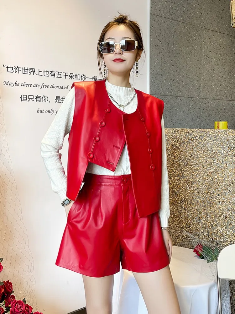 Primavera nueva mujer doble botonadura chaleco Top pantalones cortos conjunto de dos piezas Casual suave piel de oveja cuero genuino conjuntos a juego ropa de calle