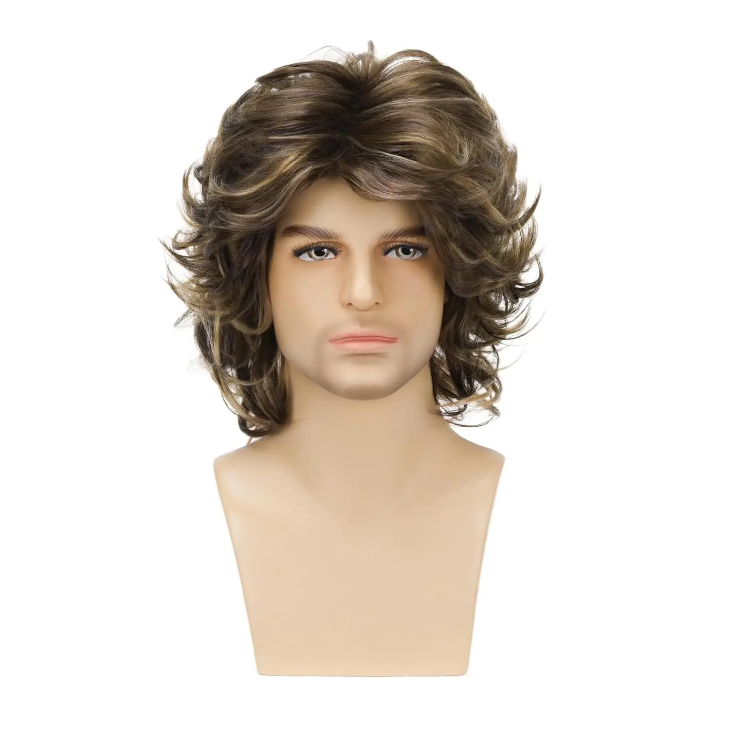 New Men's Medium and Long Curly Hair Wool Roll Wig Brown Mixed Color Chemical Fiber Headgear Wigs