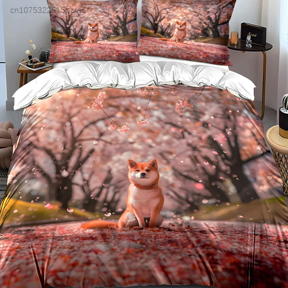 Dog Cherry Blossom Scenery Set Multiple Sizes kid's And adults' Bedroom Exquisite 3PC Bedding set, Gift