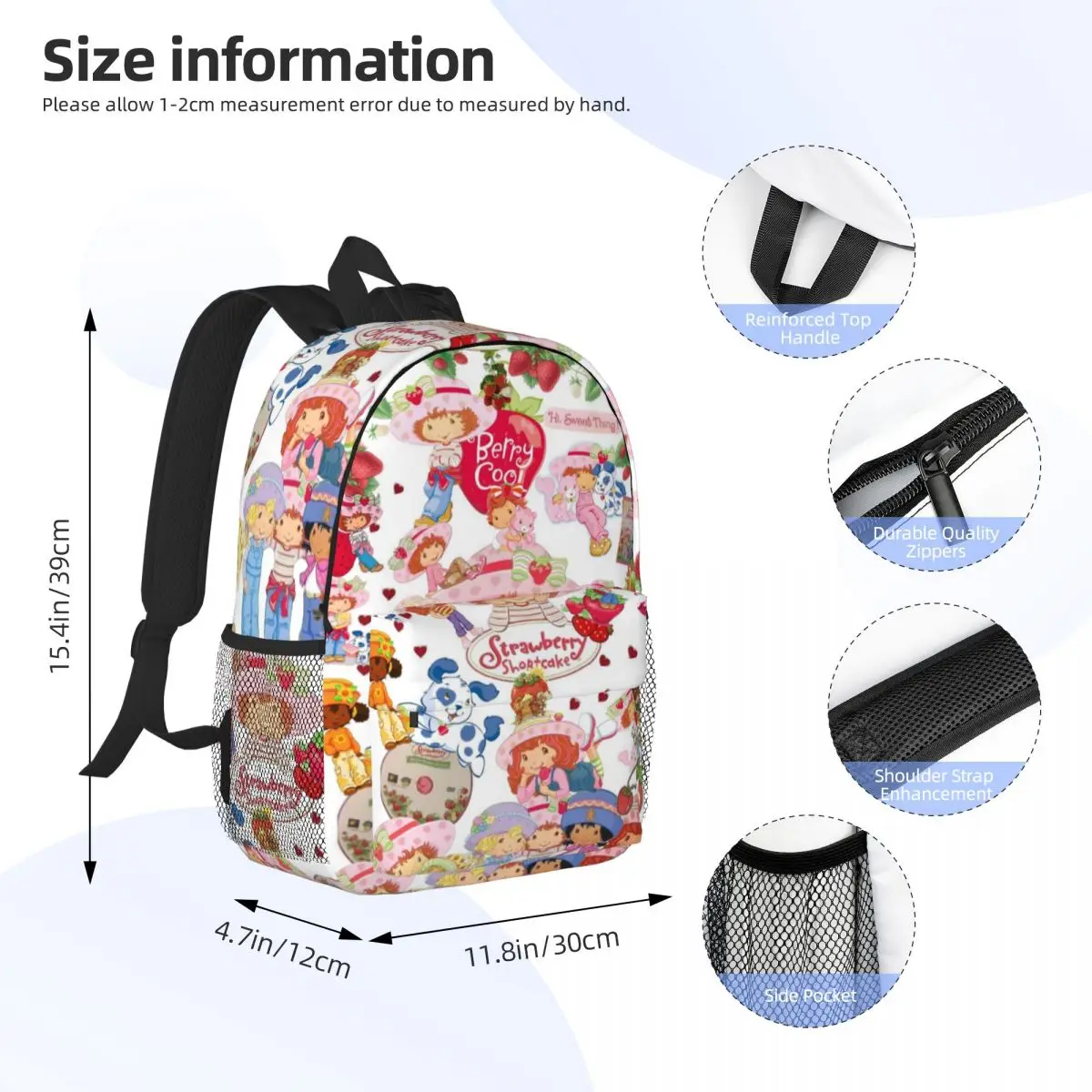 Saco de escola padrão como morango-Shortcake, mochila leve impressão, nova moda, 15"