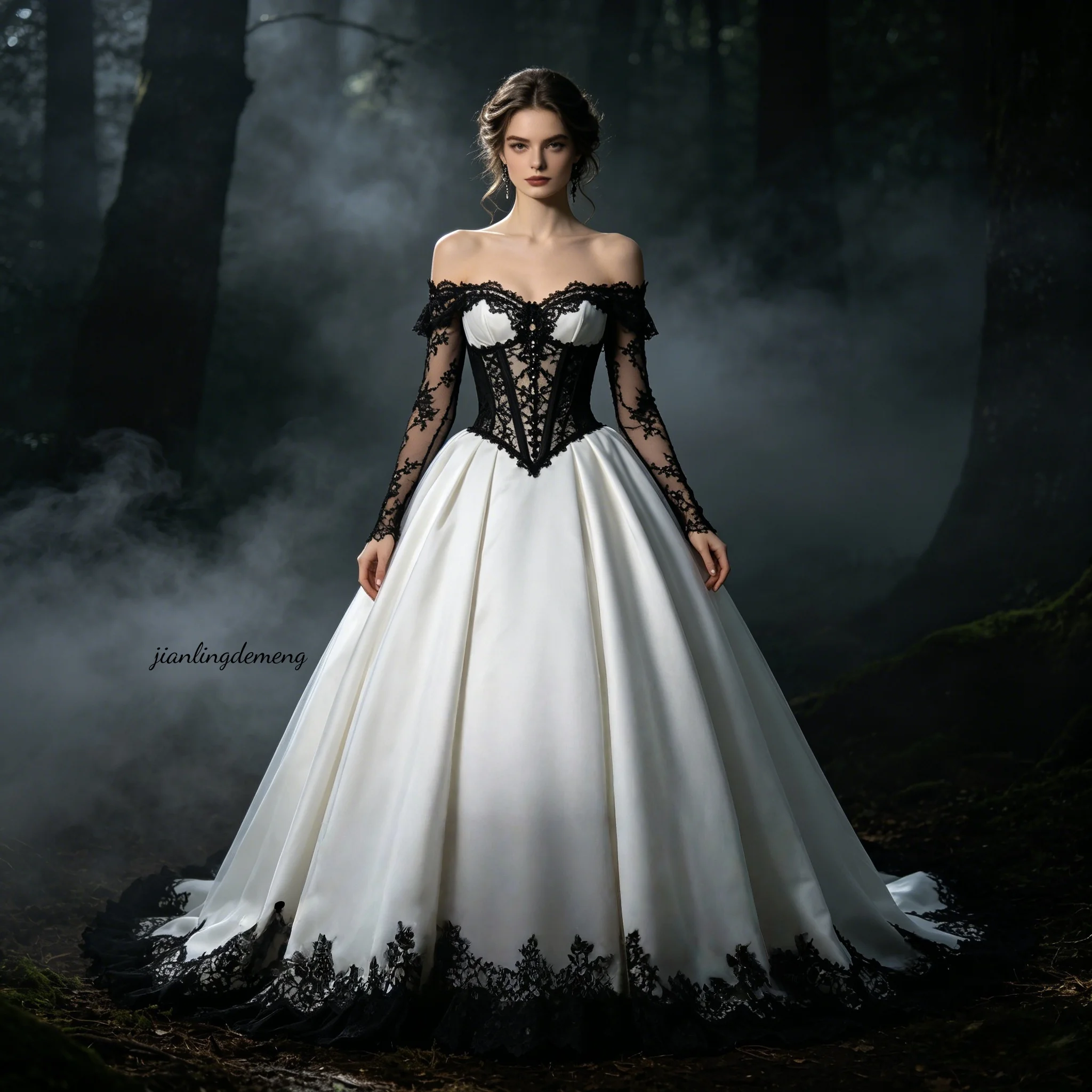 Enchanted Forest Noir White Black Lace Satin Ball Gown Wedding Dress Off Shoulder Bridal Gown Customized