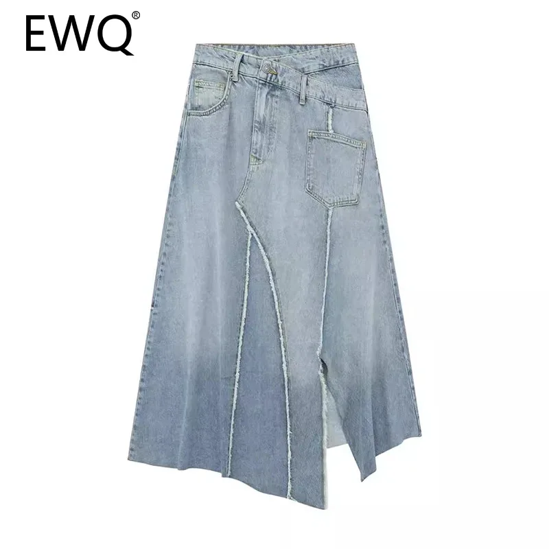 

EWQ Versatile Asymmetrical Pocket Denim Skirt For Women Fashion High Waist Half A-line Length Skirts Clothing 2024 New 27X583