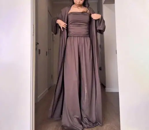 

Autumn 2025 Women's New Solid Color Ultra Long Loose Cardigan Jacket, Strapless Crop Top and High Waisted Wide Leg Pants Set