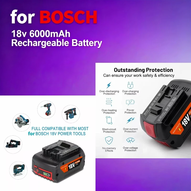 

18V 6.0Ah Rechargeable Lithium-ion Battery for Bosch✅ BAT609 BAT609G BAT618 BAT618G BAT614 for Electric Drill with Charger