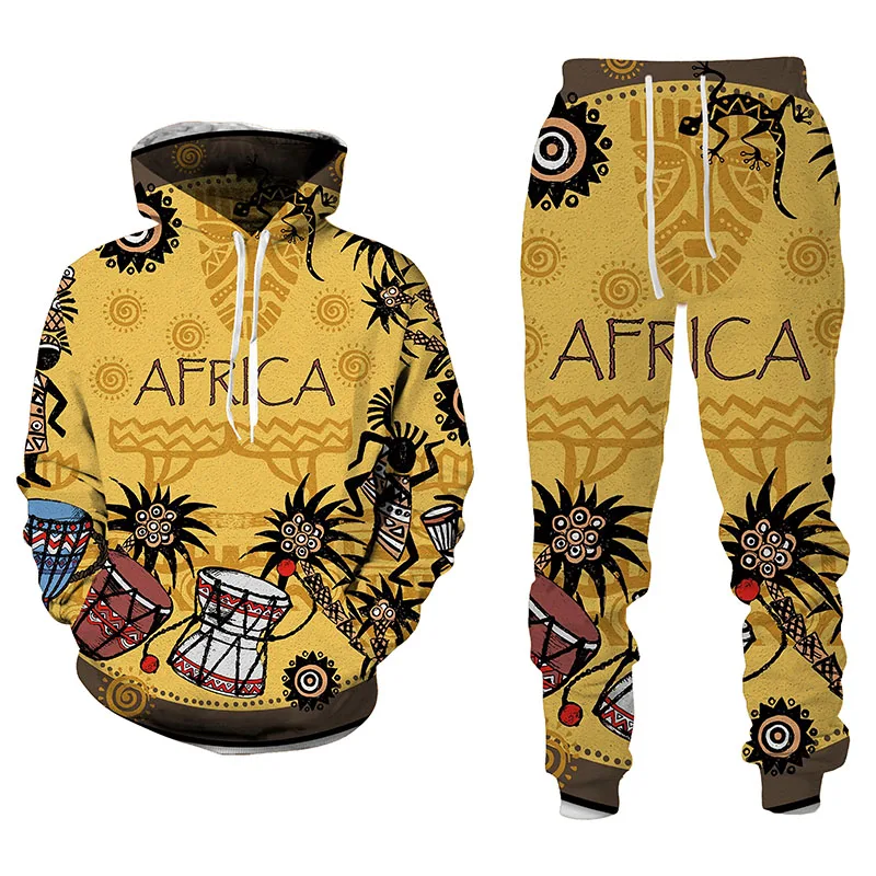 2022 yeni 3D afrika baskı rahat erkekler pantolon takım elbise çift kıyafetler Vintage Hip Hop Hoodies + pantolon erkek/kadın eşofman takımı