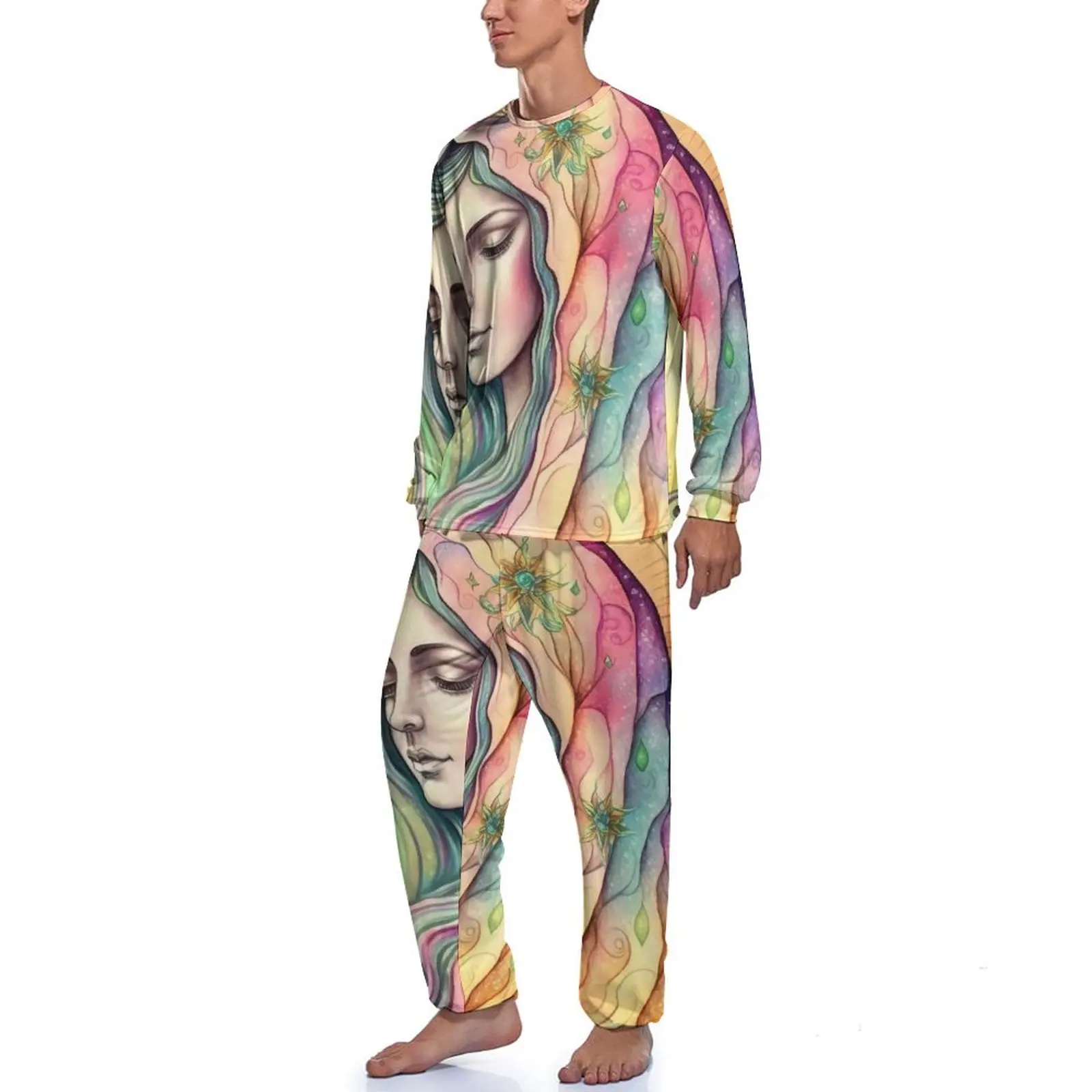 Virgin Mary Pajamas Catholic Christian Mother Man Long Sleeve Soft Pajama Sets 2 Pieces Casual Winter Design Home Suit Gift Idea