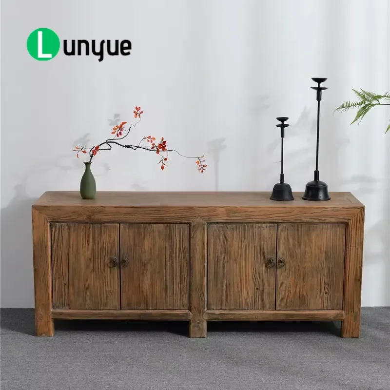 Chinese Antique Replica Four Door Locker Sideboard Cabinet Solid Wood Storage Console Table for Living Room Entryway Vintage