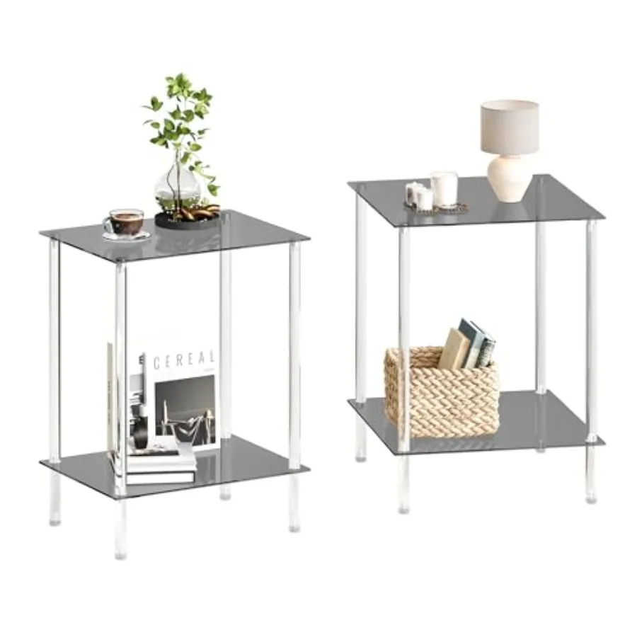

Tempered Glass Side Tables Set of 2 Acrylic End Table with 2 Storage Shelve transparent Bedside simplicity clear 2-Tier Nightst