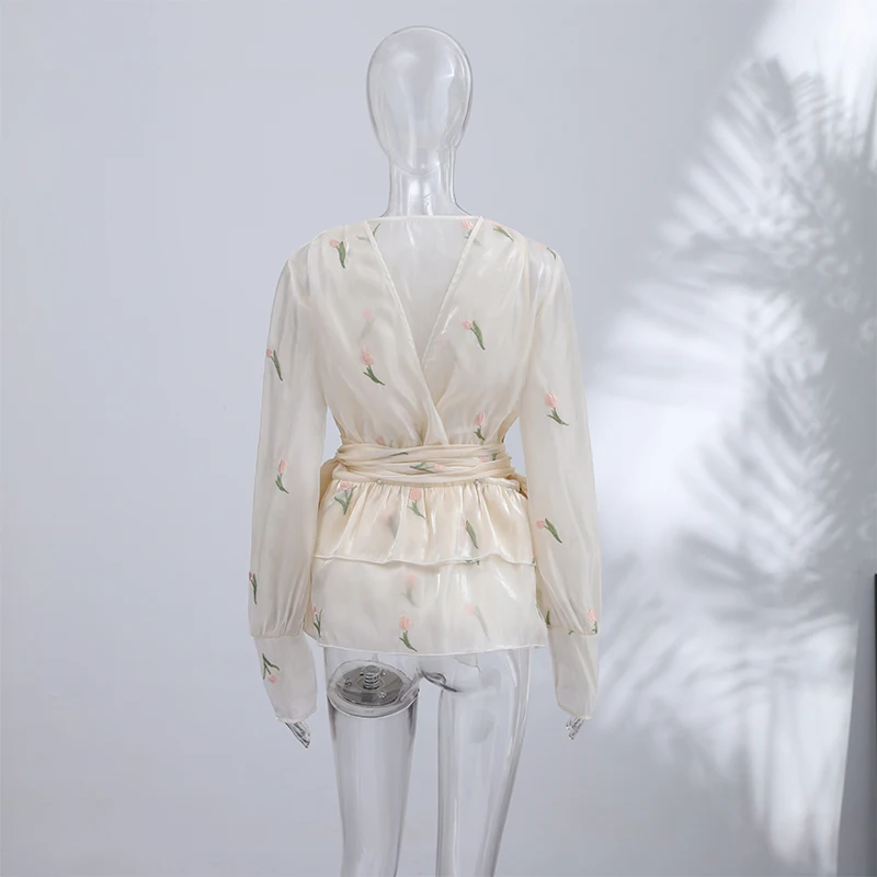 2026 Spring Summer Floral Embroidered Chiffon Wrap Tie Waist Ruffle Mini Dress Sheer V-Neck Romantic Feminine Women Date Vestido