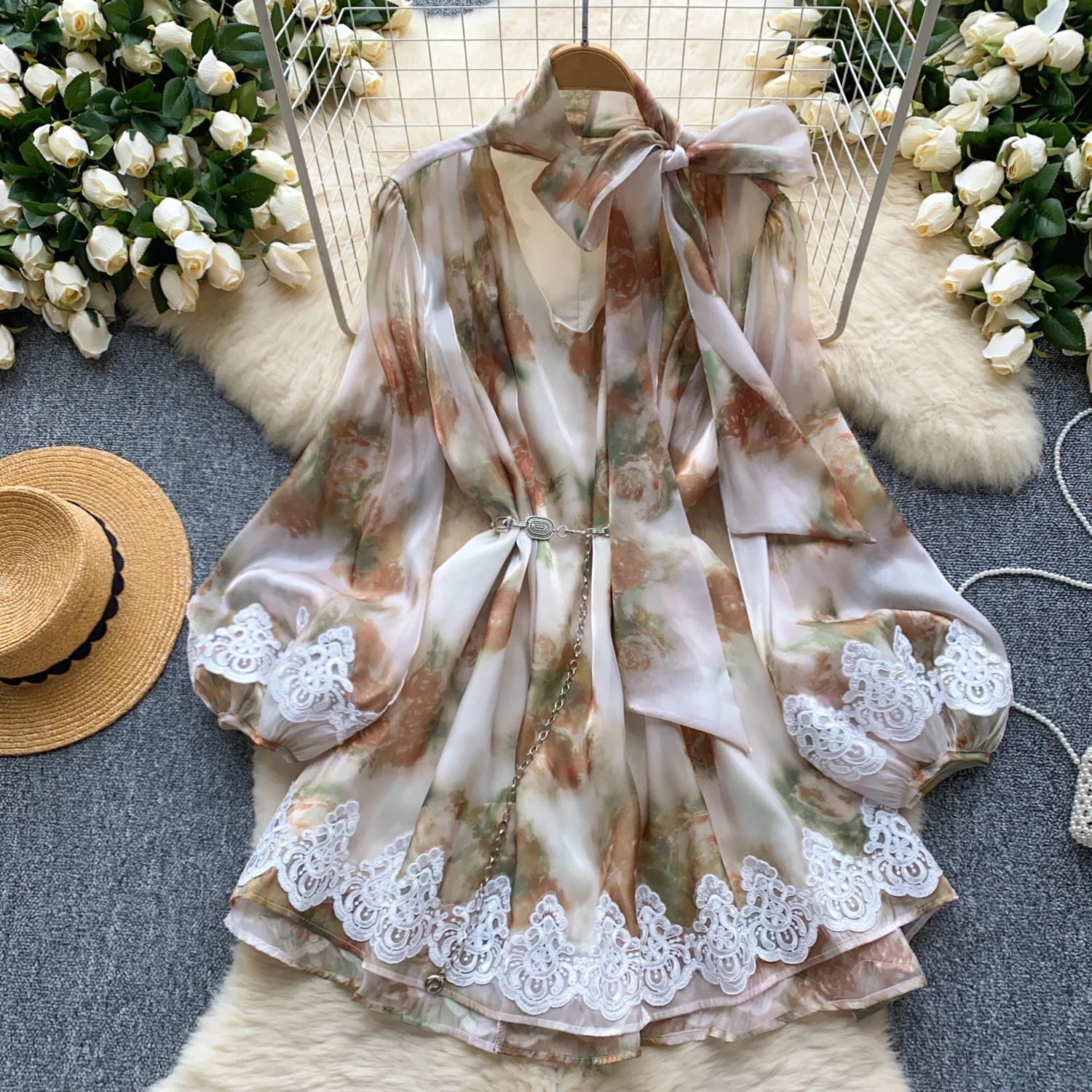 

Clothland Women Stylish Floral Mini Dress Bow Tie Collar Lantern Sleeve Belt Hollow Out Chic Dresses Vestido Mujer QD781