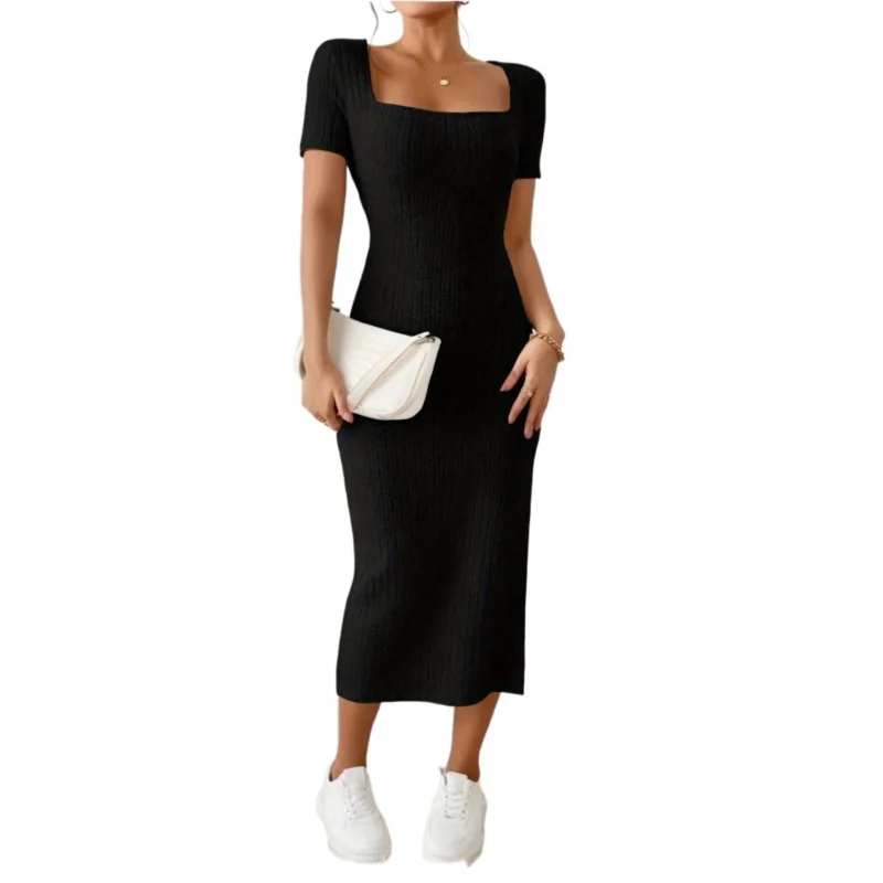 

High Elasticity Maternity Dress Summer French Square Neck Side Slit Bodycon Slim Dress Knitted Short Sleeve Women