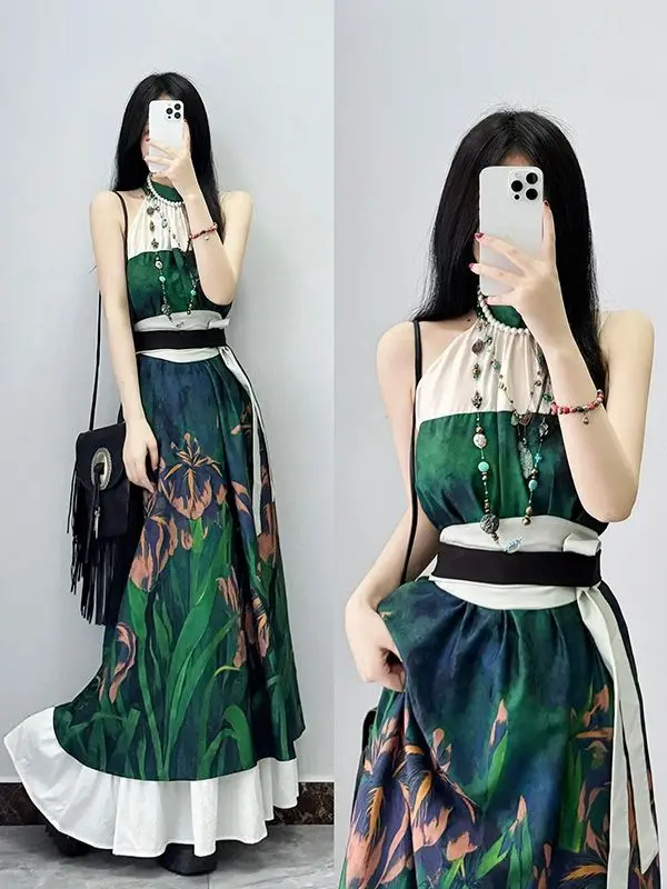 

Miiiix New Chinese Fashion Hanging Neck Long Dress 2024 Women's Summer Green Beach Vacation Loose Dresses Female Clothing