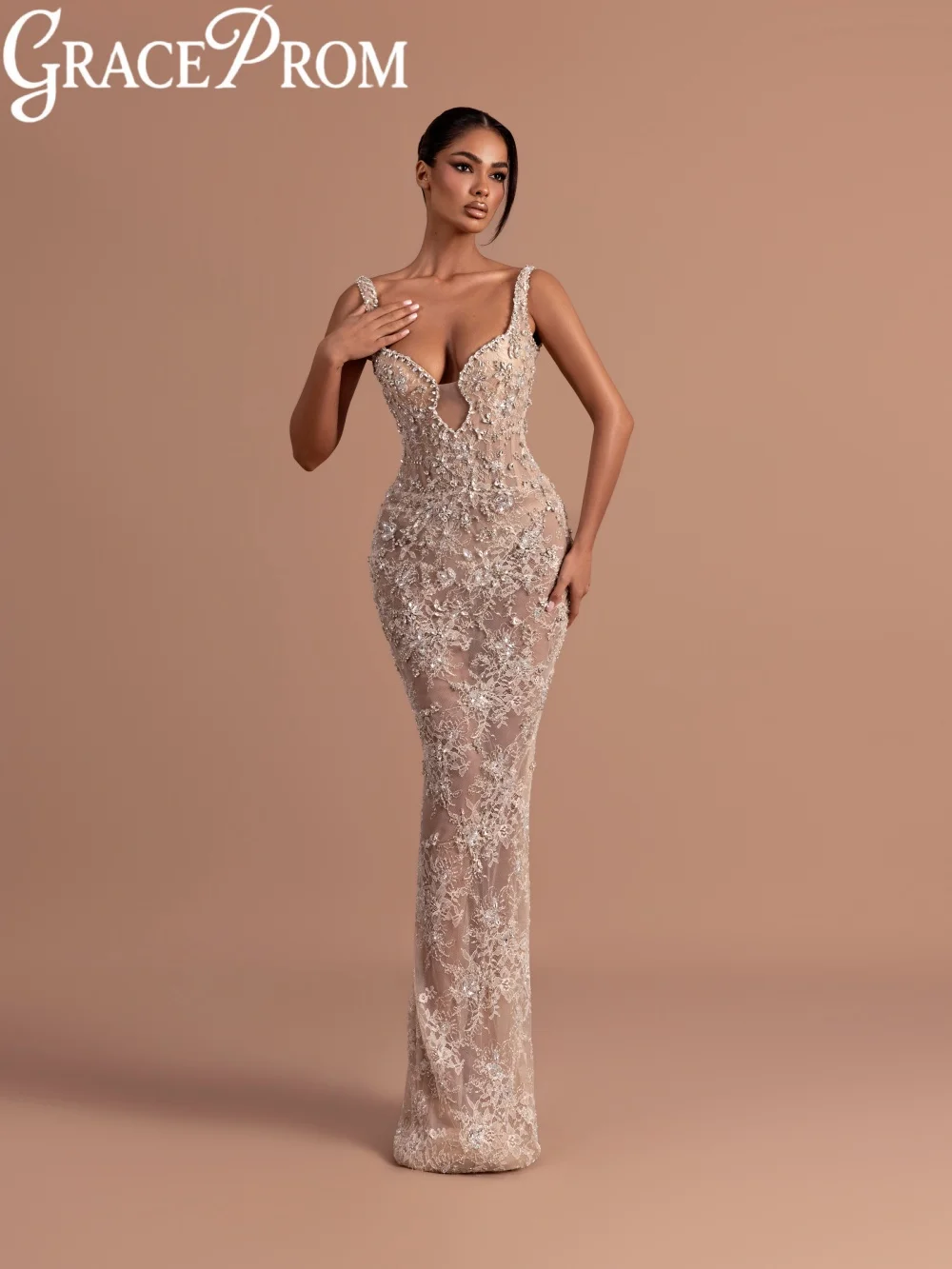 

New Silver Crystal Lace Evening Dress Luxurious Beaded Straight Long Wedding Party Gowns Customized Sexy Illusion Banquet Gowns