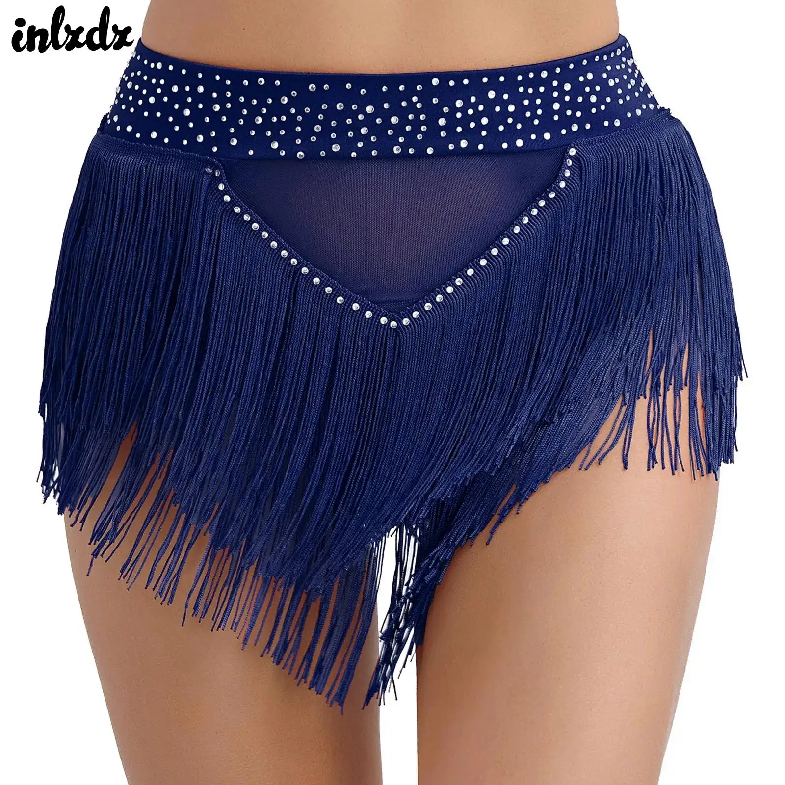 

Women Sequins Tassel Skirts Shorts Fringe Skirts Modern Latin Belly Dance Costume Shiny Rhinestone See Through Mesh Bottoms