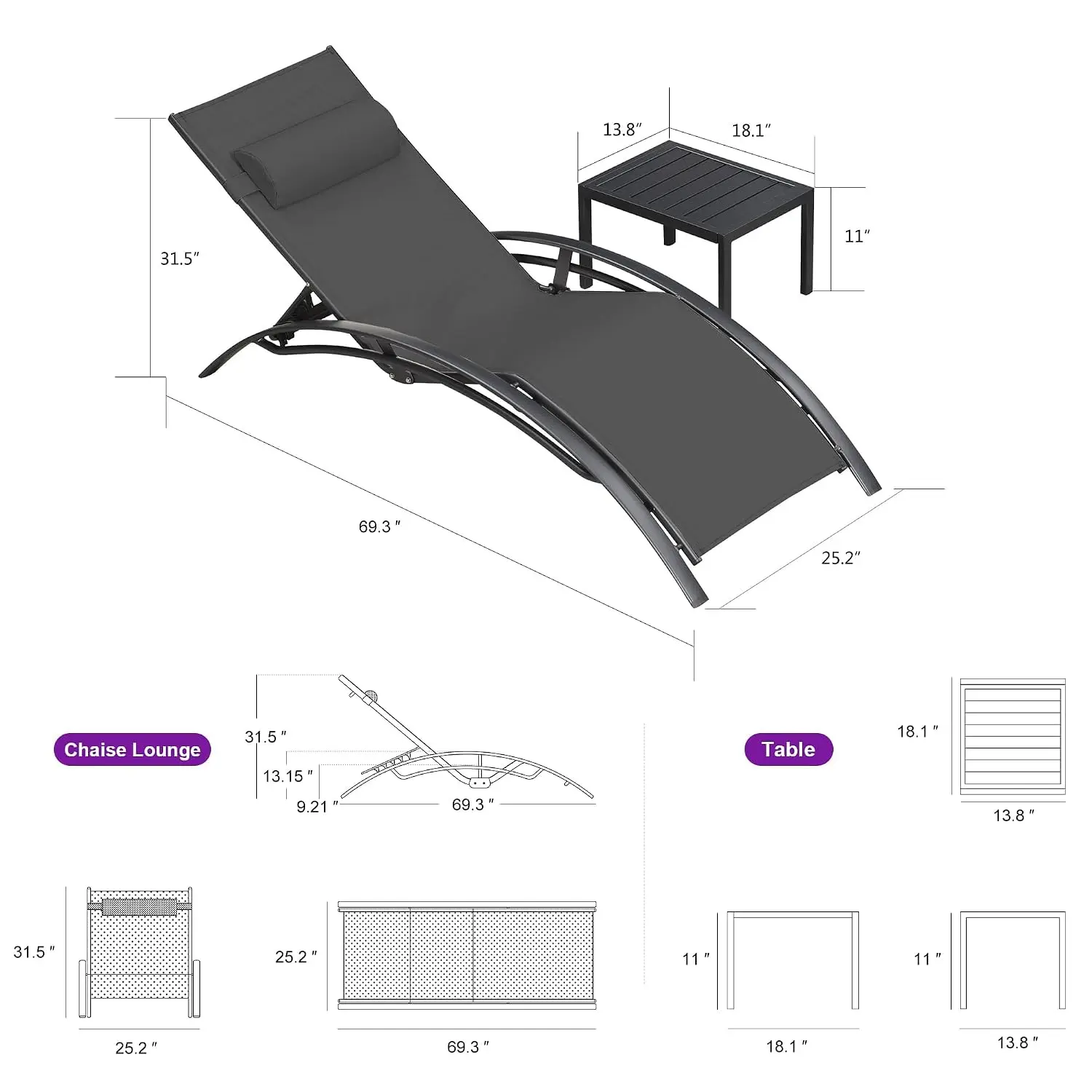 Aluminum Outdoor Chaise Lounge 3-Piece Set, UV Fabric, Adjustable Headrest & 5 Angles, Stackable S-Curve, Customized