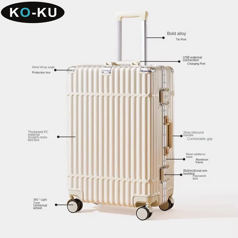 KO-KU 20/22/24/26/28 Inch Luggage 2024New Aluminium Frame Suitcase Trolley Case Cup Holder Usb Port Password Travel Boarding Box