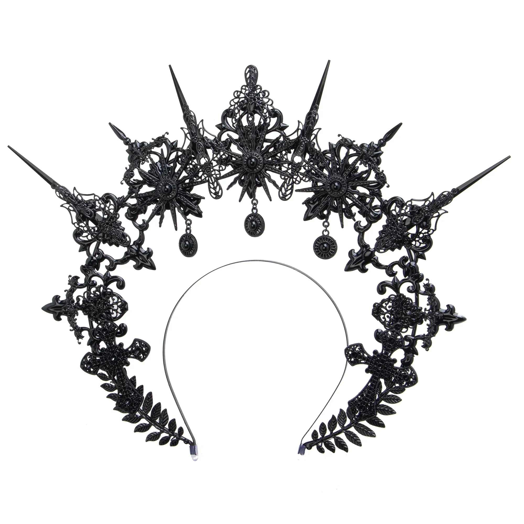 

Black Gothic Spiked Halo Crown Mary Goddess Halo Headband Women Halloween Cosplay Headband Handmade Wedding Headdress