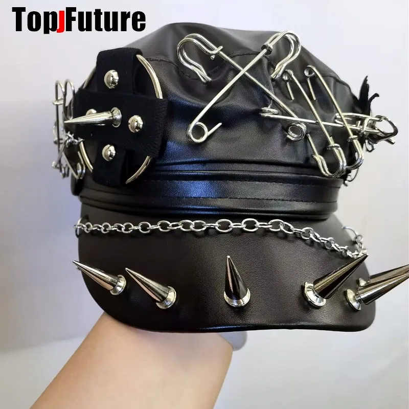 Women Men Harajuku Gothic leather Steampunk rivet Punk Beret Hat