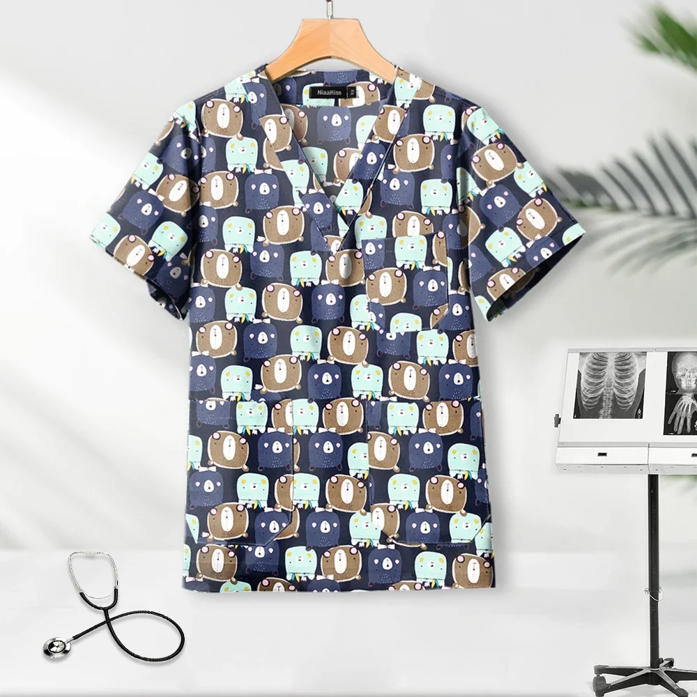 Manicurist Beautician Printed Short Sleeve Scrub Coat Care Cleaning Dustproof Uniform Dentist Operating Room Surgical Gown Women