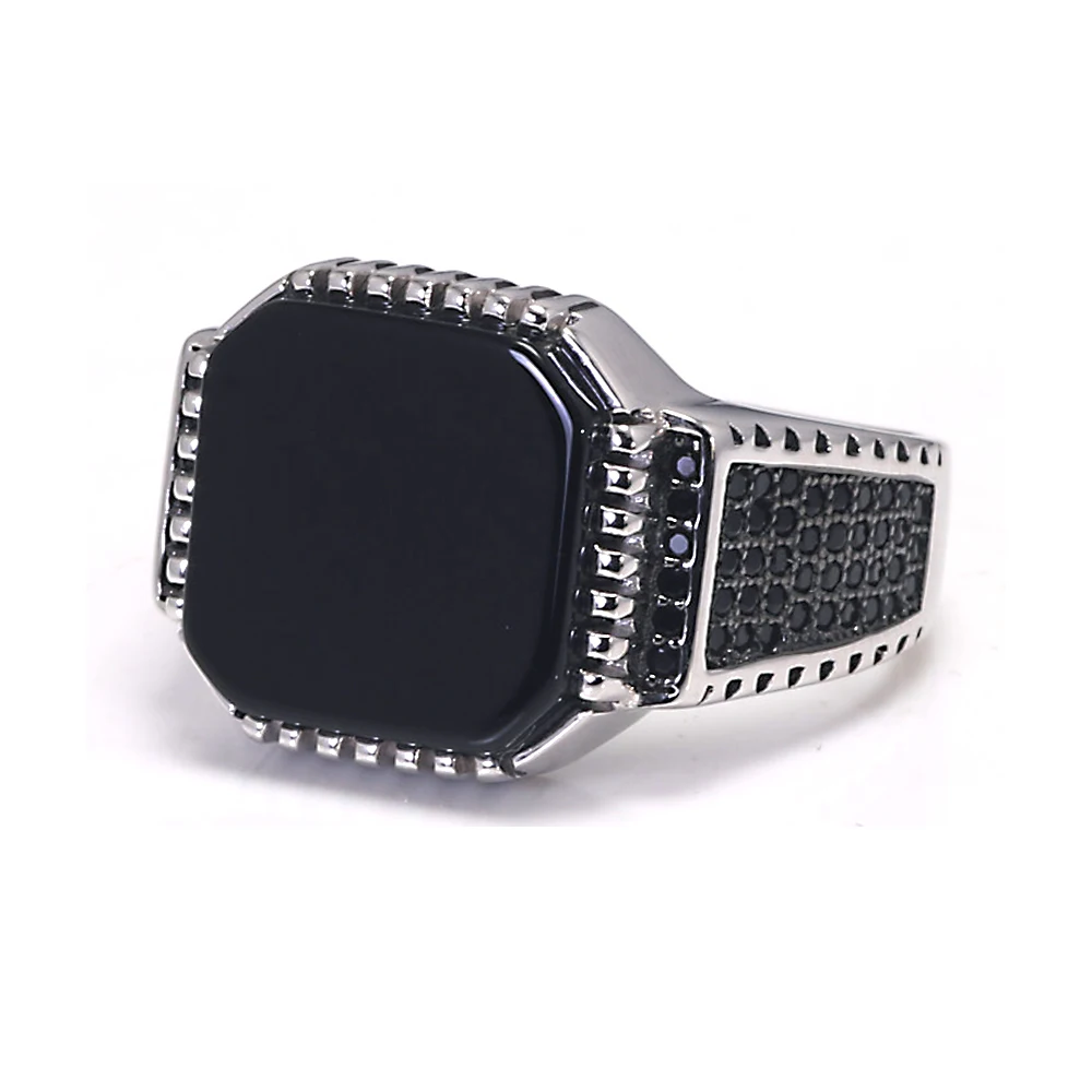 Genuine Solid 925 Sterling Silver Turkish Rings For Men Black Band With Stone Square Natural Onyx Vintage Male Jewelry Anelli