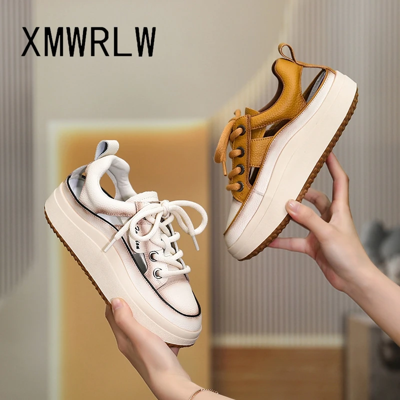 

XMWRLW 2023 Summer Women Genuine Leather Sandals Casual Lace up Female Shoes Thick Sole Women Summer Sandals Beach Shoes Sandal