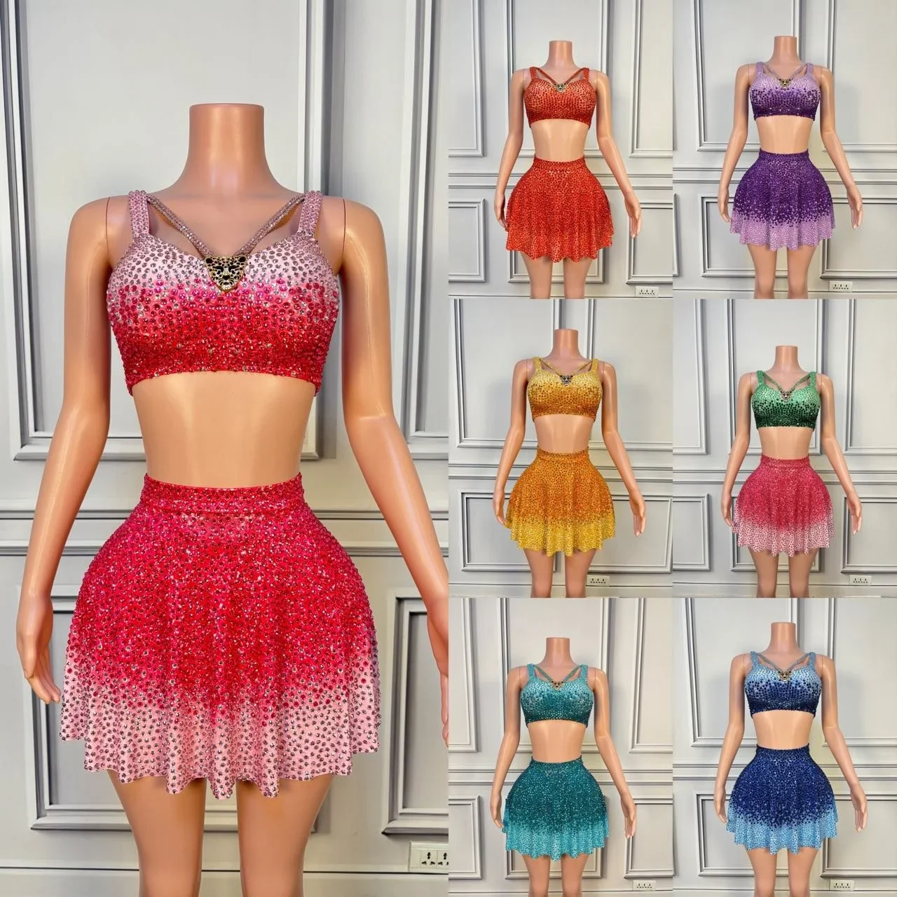 ملهى ليلي Dj Bar أنثى المغني نموذج كامل الماس القمم تنورة قصيرة مساء فستان أداء المرحلة دعوى فستان الحفلات