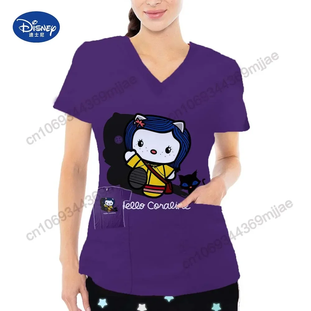 

Pocket Top V-neck Summer Short Sleeves T-shirt Cartoon Women's T-shirts