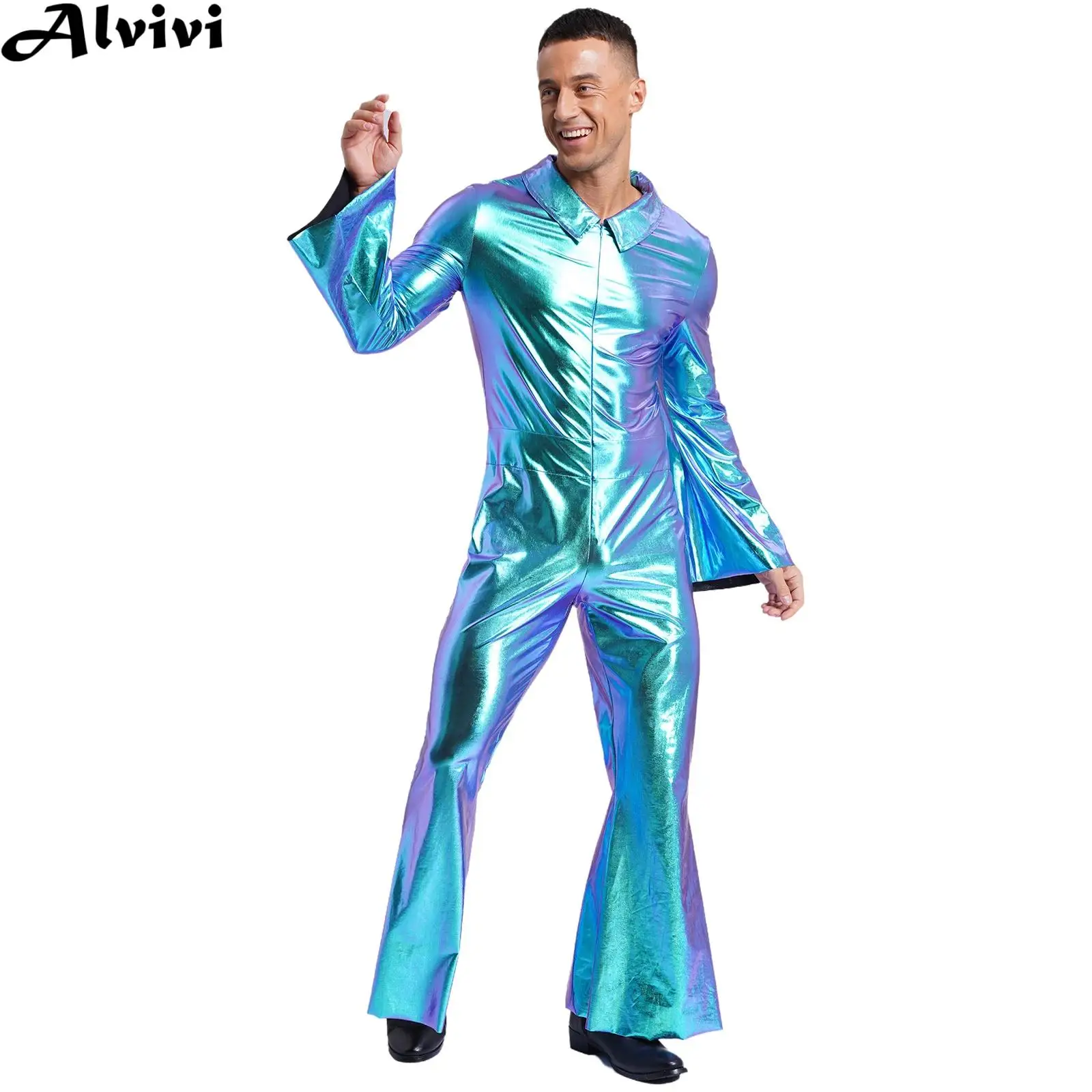 Men 70s Disco Jazz Dance Performance Costume Flare Sleeve Zipper Metallic Shiny Jumpsuit for Halloween Hippie Cowboy Cosplay